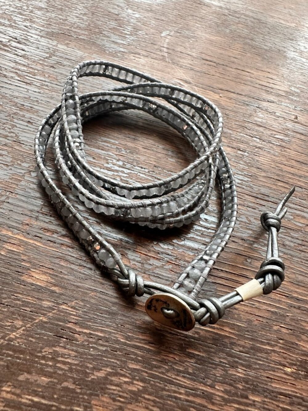 Chan Luu Gray Leather 5 Wrap Beaded Crystal Gemstone Bracelet Silver Boho